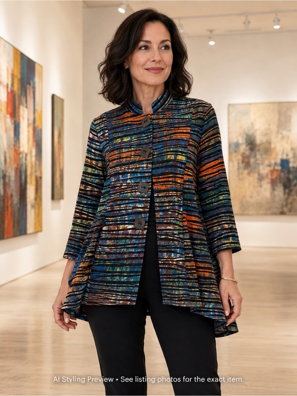 Multiples L XL Wearable Art Swing Jacket Multicolor Striped Lagenlook